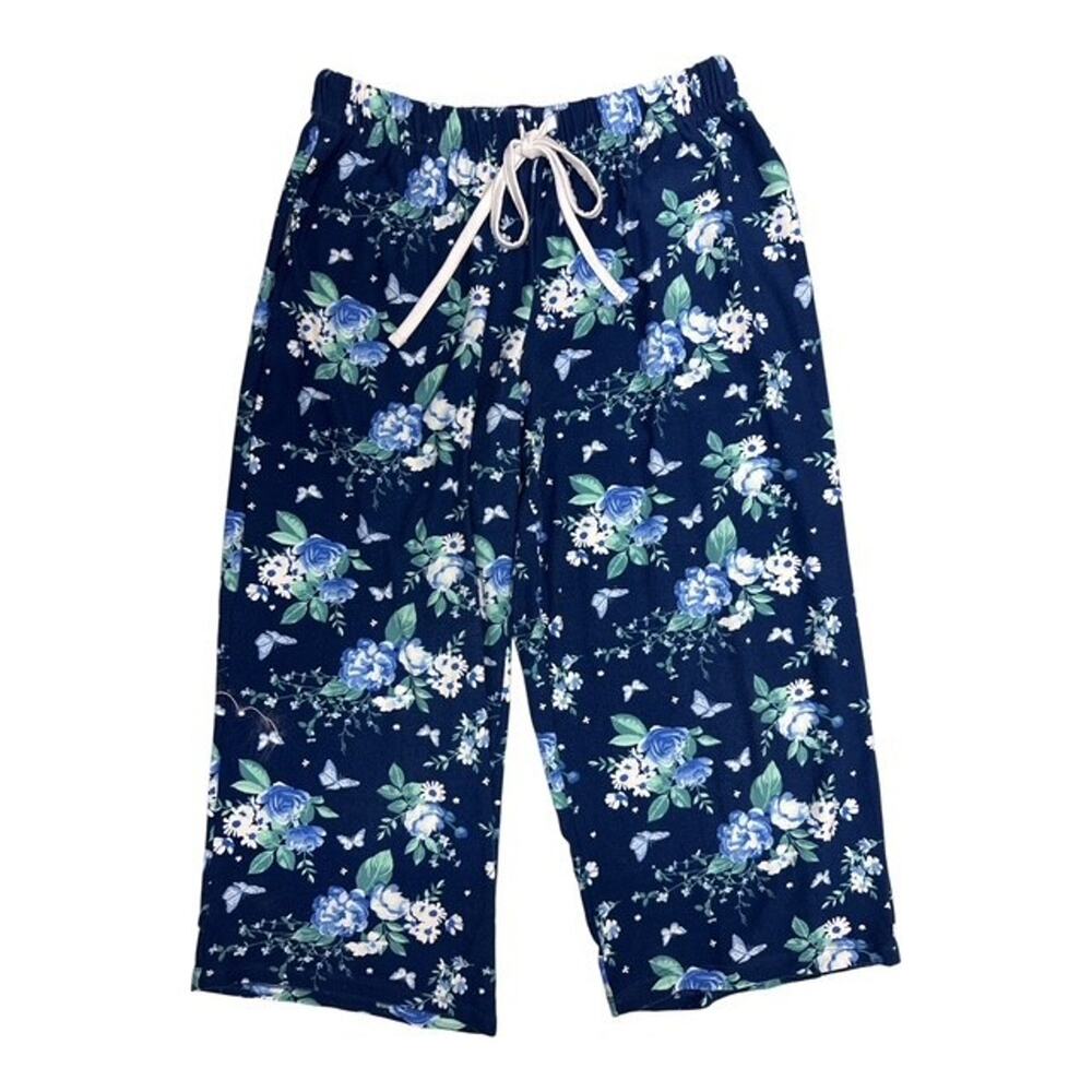 Croft & Barrow Small Pajama Capri Pants Navy Blue Floral Crop Soft Stretch